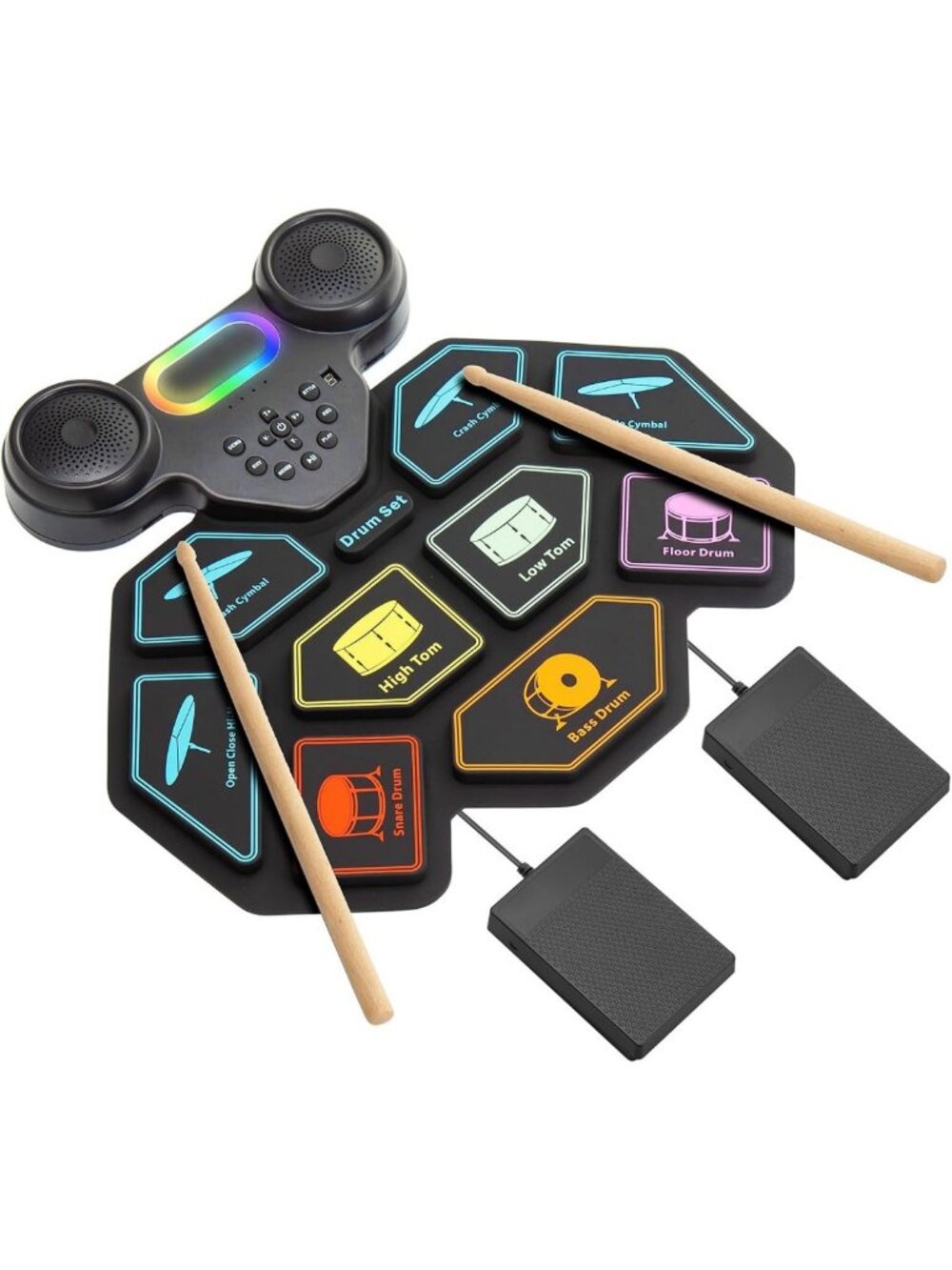 Portable 9-Pad Roll-Up Electronic Drum Set – Silicone Kit with Pedals, Speakers